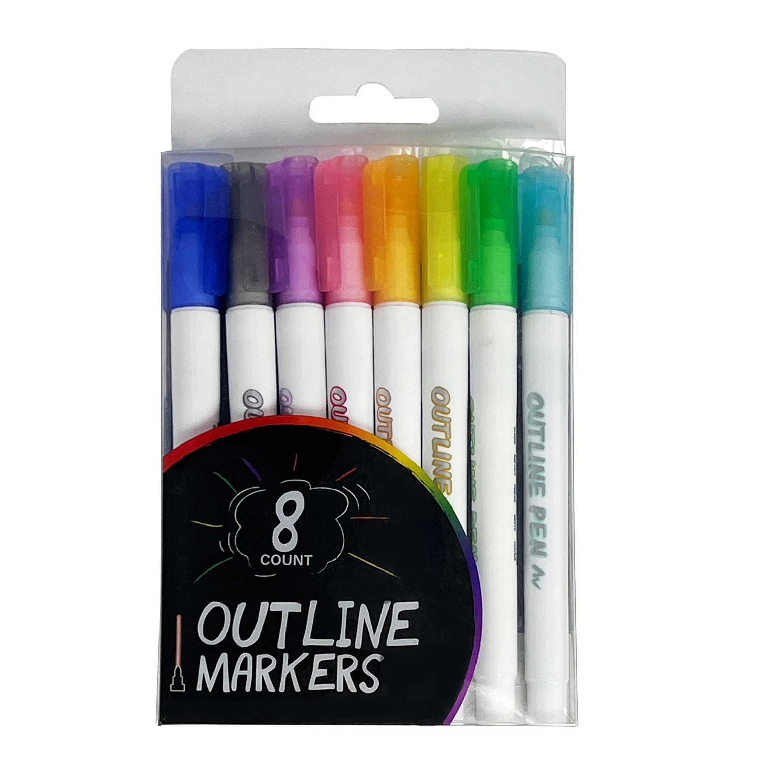 Customized logo 8 colors rounc toe double line paint marker pen set special metallic colorful magic outline marker for school